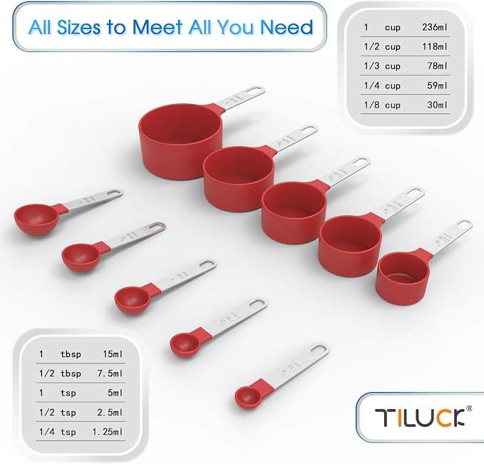 Measuring Cups & Spoons Set, Stackable Cups and Spoons | Nesting Measure Cups with Stainless Steel Handle, Kitchen Gadgets for Cooking & Baking (Red)