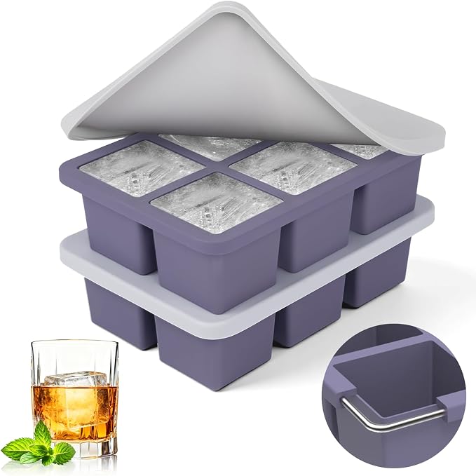 mossime Silicone Ice Cube Tray: 2pack Square Whiskey Large Ice Cube Molds - Old Fashioned Ice Cube Trays with Lid - 2inch Easy Release Big Freezer Mold for Cocktail Food Soup & Juice