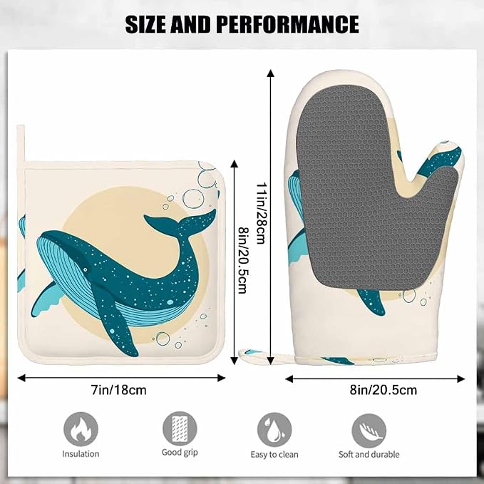 Mxocom Watercolor Whale Heat-Resistant Oven Mitts and Pot Holder Sea Theme Marine Life Coastal Modern Design Cool Ring Circle Kitchen Non-Slip Cooking Microwave Gloves for Cooking Baking Grilling
