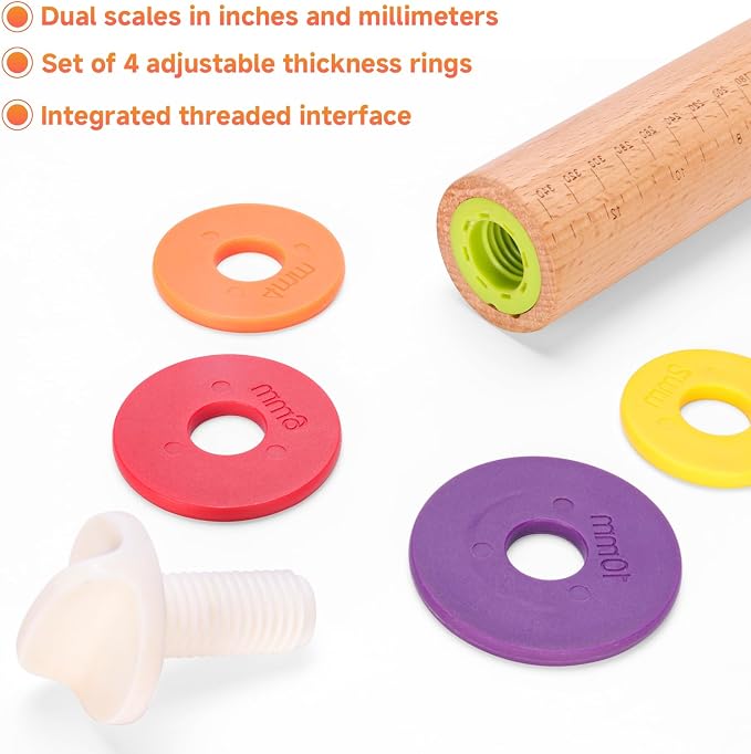 13.6" Adjustable Wooden Rolling Pin with 4 Thickness Rings & Cookie Molds | Olforce 2-10mm / 1/16"-3/8" Dough Thickness Control Roller for Pizza, Cookie, Bread & Pie Crusts