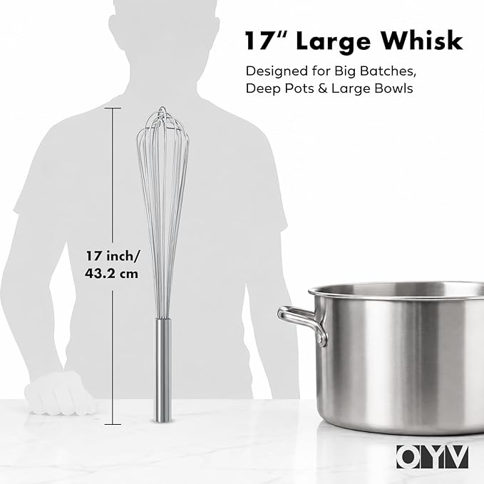 OYV 18/10 Stainless Steel Large Whisk, 17" Commercial Heavy Duty Whisk for Whipping Eggs, Mixing Batter, Making Sauces, Long Wisk Dishwasher Safe