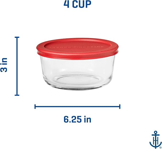 Anchor Hocking SnugFitTM Round Food Storage Containers with Lids (4-Piece, 4-cup, Red, oven-safe)