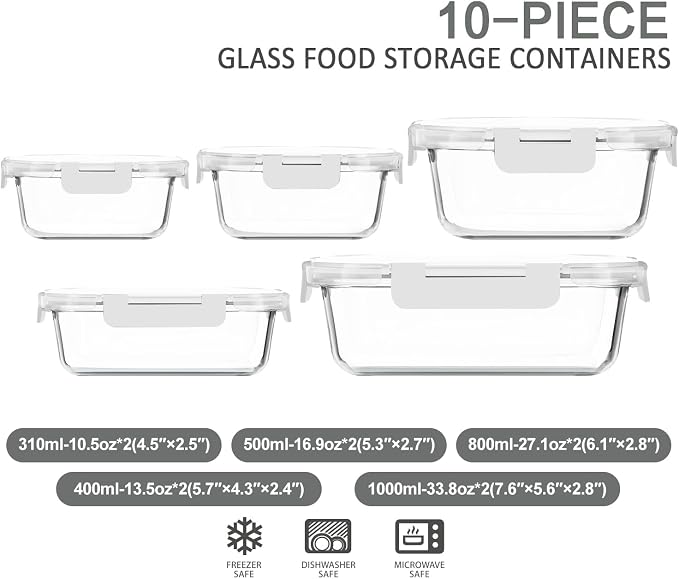 M MCIRCO 10 Pack Glass Food Storage Container with Lids, White | Glass Meal Prep Containers with Lids, Airtight Lunch Bento Boxes,Microwave, Oven, Freezer and Dishwasher Friendly, BPA Free