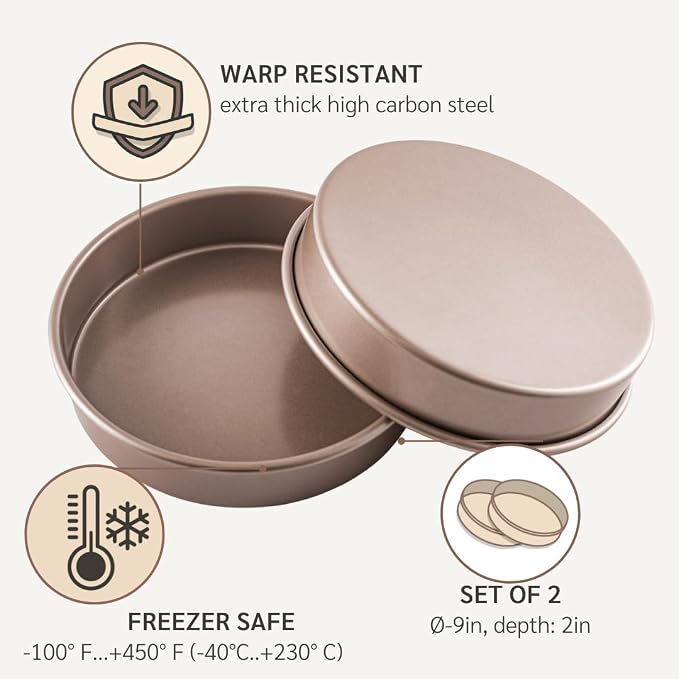 9 inch Raund Cake Pan 2 Pack Nonstick, PFOA & BPA Free | | Non-Toxic - High Carbon Steel - Gold - Layer Circle Mold 2 inches Deep for Oven Baking