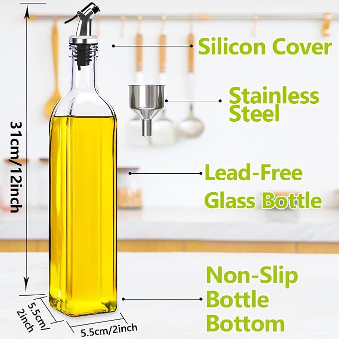 Showvigor Olive Oil Dispenser Bottles, 2Pack 17oz/500 ml Square Glass Tall Oil Bottles with 4 Labels, 2 Pourers and 1 Funnel