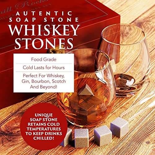 Premium Chill Rocks Whiskey Gift Set - Whisky Scotch Chilling Stones - 2 Glasses + 8 Beverage Cooling Soapstones + Stainless Steel Tongs + Velvet Storage Pouch – Luxury Wooden Gift Box - Men’s Gift