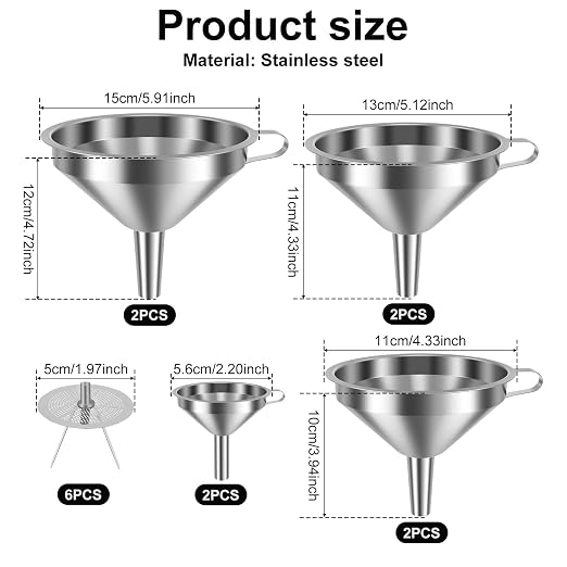 14 Pack Stainless Steel Funnels with 6 Fine Mesh Strainers, 4 Sizes 2.2-5.9 Inches Food Grade 304 Metal Kitchen Funnel Set for Filling Bottles, Oil, Jam, Juice, Wine, Milk, Powder, Canning