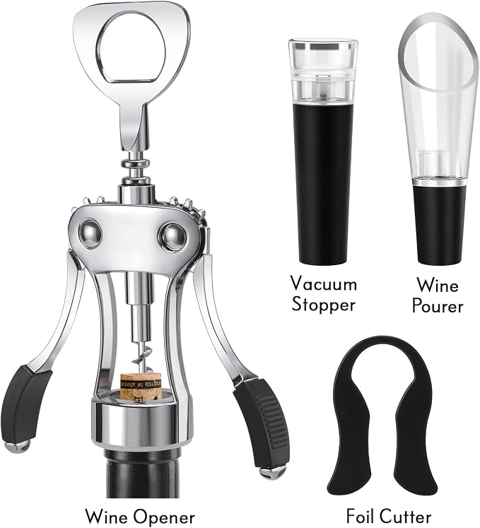 KORCCI Multifunctional Wine Bottle Opener Gift Set - Heavy-Duty Zinc Alloy Wing Corkscrew, Foil Cutter, Vacuum Stopper & Aerator Pourer for Kitchen, Bar, Restaurant, Bartenders