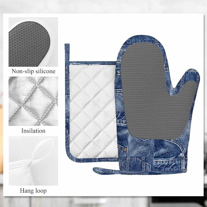 Mxocom Denim Patchwork Texture Silicone Oven Mitts and Pot Holders Sets BBQ Gloves for Kitchen,Cooking,Baking,Grilling