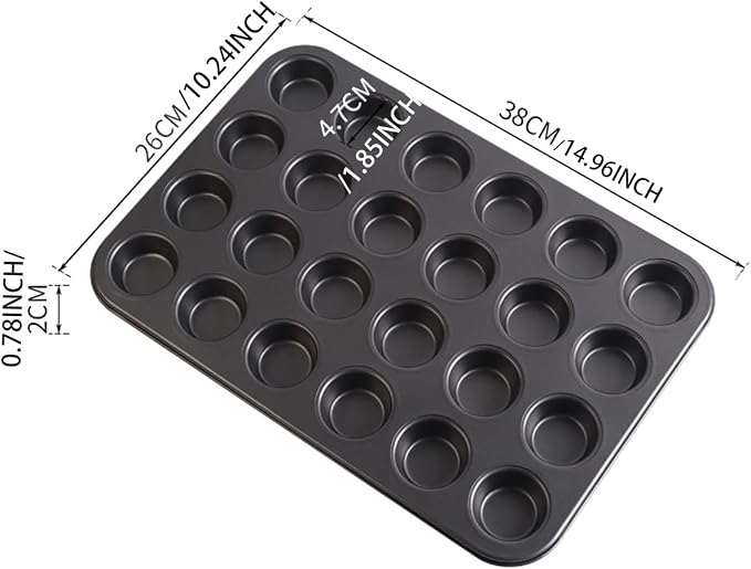 Nonstick 24 Cups Mini Muffin Pan with Extended Handles for Easy Grip, Carbon Steel Steel to Promoted Even Baking, Dishwasher Safe (Black)