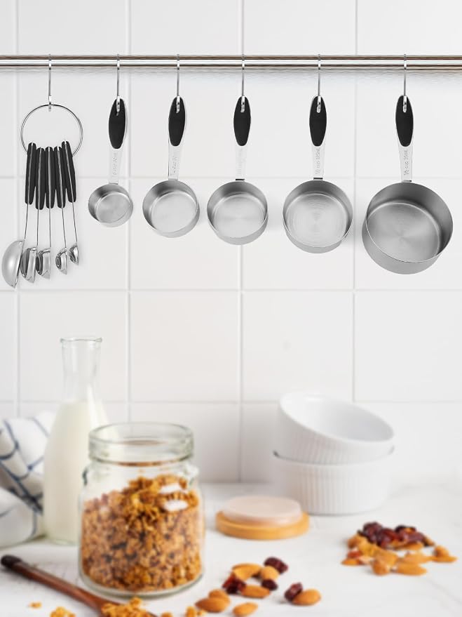 JOYHILL Measuring Cups and Spoons Set 304 Stainless Steel 10-Piece Black | BPA-Free Silicone Handles, Etched Markings, Nestable Design, Dishwasher Safe for Dry & Liquid Ingredients