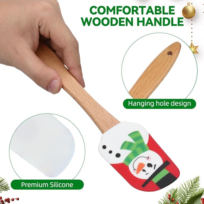 Christmas Spatula Set, 4 Pieces Kitchen Christmas Silicone Spatula Set with Wooden Handle for Baking Cooking and Christmas (Assorted Color)