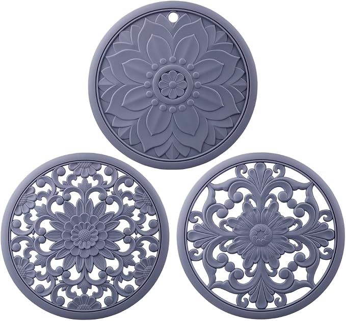 Grey Silicone Trivets for Hot Dishes, Pots&Pans, Round Hot Pads for Kitchen, Silicone Trivet mat for Table Tops, Silicon Pot Holder for Countertops, Heat Resistant Mat Set 3