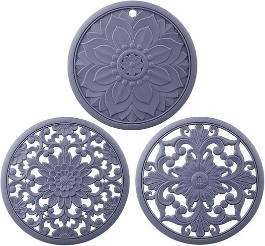 Grey Silicone Trivets for Hot Dishes, Pots&Pans, Round Hot Pads for Kitchen, Silicone Trivet mat for Table Tops, Silicon Pot Holder for Countertops, Heat Resistant Mat Set 3