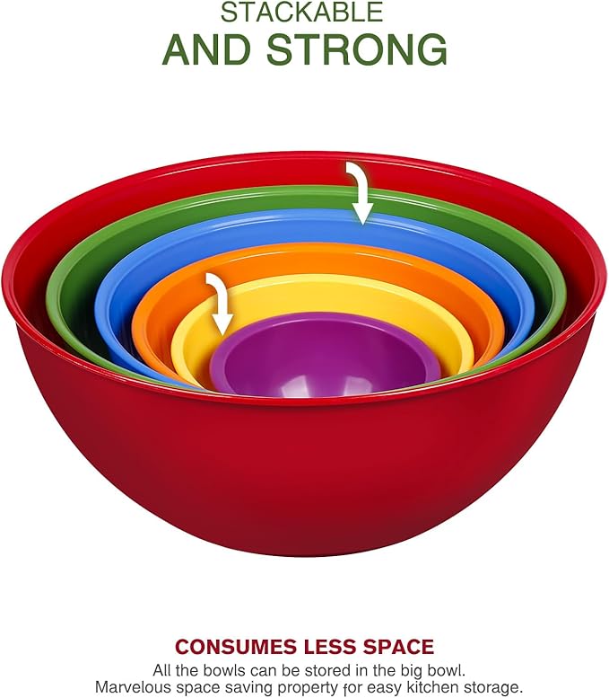 Greentainer Plastic Mixing Bowls with Lids Set for Kitchen, 6 Set Nesting Bowls for Mixing, Baking, Prepping, Cooking and Serving Food, Mixing Bowls Dishwasher, Microwave Safe