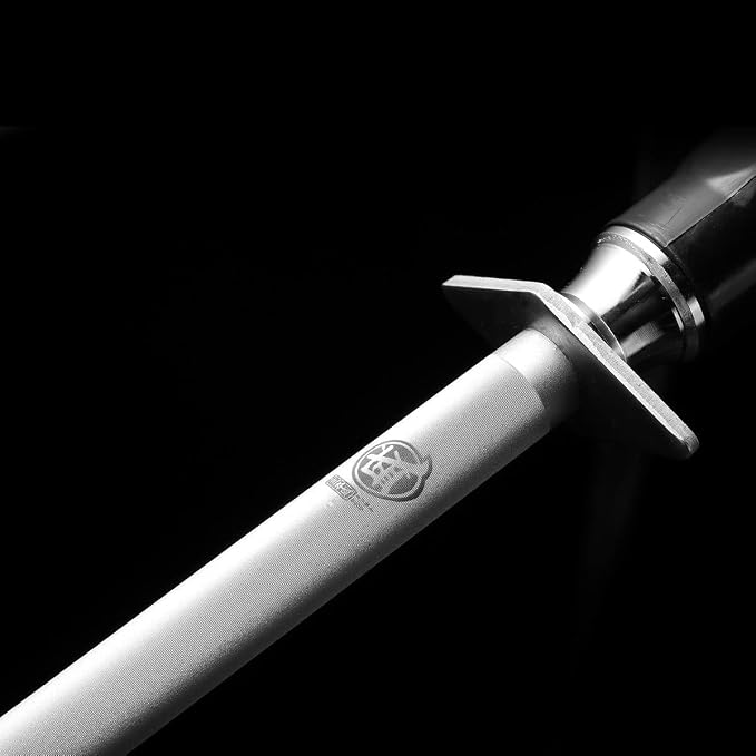 MITSUMOTO SAKARI 12 inch Japanese Honing Steel - Flat Diamond Knife Sharpening Rod, Professional High Carbon Sharpener with ABS Handle & Powerful Magnet | Long flat diamond surface for broader contact, high carbon steel rod, ABS handle and built-in magnet