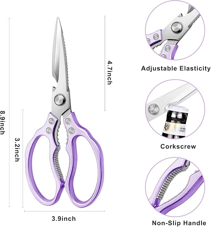 AWinjoy Heavy Duty Sharp Kitchen Scissors, Dishwasher Safe, Cooking Shears for Meat, Chicken, Fish, Poultry, Herb, Bread (Purple)