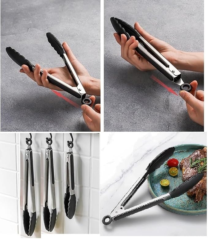 Kitchen Tongs for Cooking Locking Silicone Stainless Steel Buffet Serving Tongs, 7,9 and 12 Inch Non-stick,Heat Resistant 3 Pack
