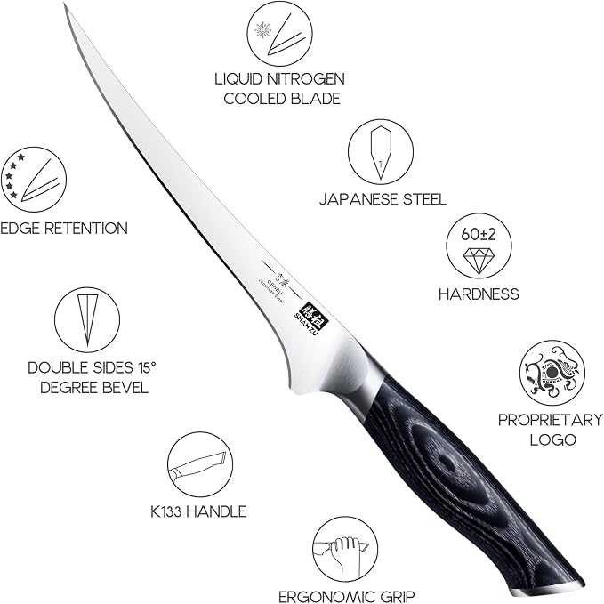 SHAN ZU 7 Inch Fillet Knife, Japanese Super Steel Boning Knife, Professional Ultra Sharp Fish knife with K133 Ergonomic Handle, Black Tortoise Genbu Series