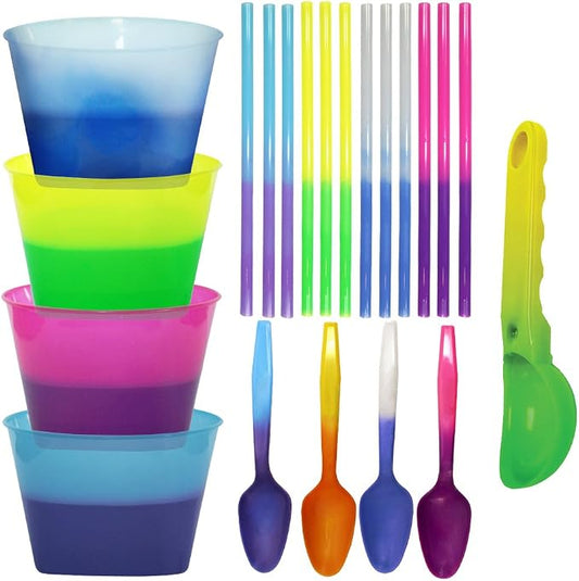 AAkron Color Changing Reusable Ice Cream Kit - 4 bowls, 4 spoons, 12 straws, 1 scoop - react to ice cold temperatures and changes from one vivid color to another – MADE IN USA