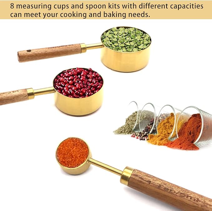 8 Piece Measuring Cups and Spoons Set Stainless Steel Measuring Cups and Spoons with Wood Handle for Dry and Liquid Ingredients(Golden)