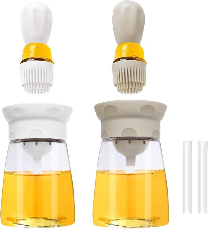 Oil Dispenser with Brush - 2 Pack 2022 Glass Olive Oil Dispenser Bottle for Kitchen with Silicone Basting Brush BBQ Grilling Baking Cooking, T-OB22, Grey+White