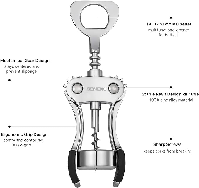 Beneno Wine Opener with Silicone Leak Proof Wine Vacuum Stopper, Zinc Alloy Premium Wing Corkscrew with Multifunctional Bottles Opener, Matte Black