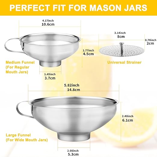 Stainless Steel Canning Funnel with Strainer, 3 Piece Wide & Regular Mouth Jar Funnels Set, Large & Small Metal Funnels with Detachable Umbrella Strainer, for Mason Jars, Jam, Liquids, Dry Goods