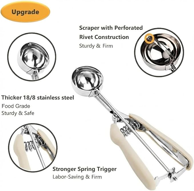 Cookie Scoop Set, 3Pcs Ice Cream Scoop, Cookie Scoops for Baking Set of 3, 18/8 Stainless Steel Cookie Scooper for Baking, Ice Cream Scooper with Trigger Release, Beige Soft Grip Cookie Dough Scoop