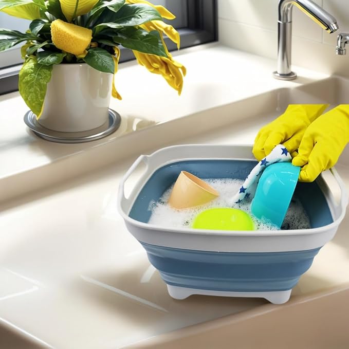 SAMMART 7.5L (2 Gallons) Collapsible Dishpan with Draining Plug - Foldable Washing Basin - Portable Dish Washing Tub - Space Saving y (Grey/Steel Blue (Set of 2), 2)