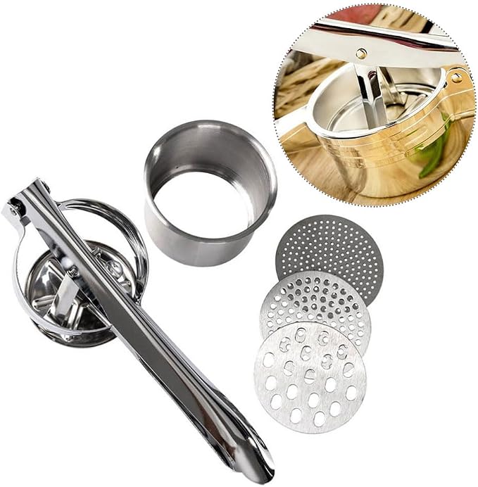 Large 14.78oz Potato Ricer, Stainless Steel Potato Masher Press with 3 Interchangeable Mesh Plates, Mashed Potatoes Masher Press Kitchen Gadget for Bab-y Food & Vegetable Puree(COLOR:Silver)