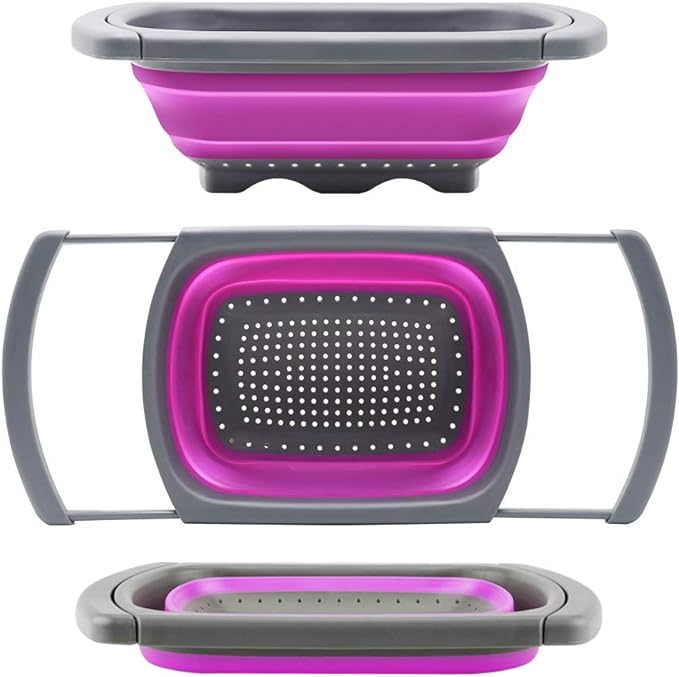 Qimh Collapsible Colander, Kitchen Colander Set Over Sink Strainer Veggies/Fruit Colanders Strainers with Extendable Handles, Dishwasher Safe Folding Strainer for Kitchen, 6-Quart, BPA Free