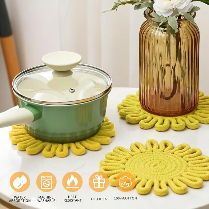 Kitchen Trivets for Hot Dishes Potholders for Countertop Hot Pads Hot Mats or Trivets for Hot Pots and Pans Home Essentials Boho Farmhouse Kitchen Decor Set of 3, 100% Cotton,7.5" (Yellow)