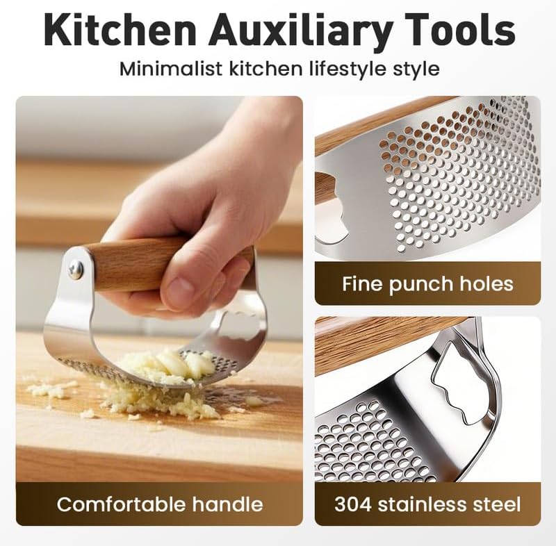 Stainless Steel Garlic Press Rocker with Garlic Peeler & Cleaning Brush