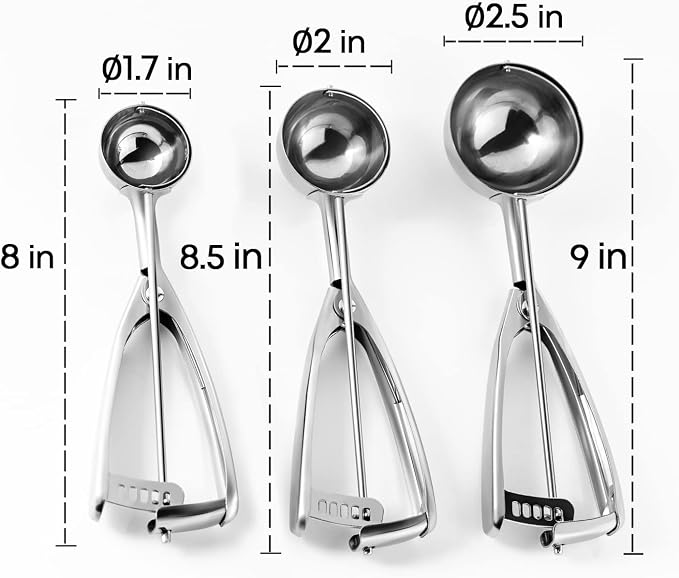 Ecowin Cookie Scoop Set Ice Cream Scoops, 3 PCS Thick Stainless Steel Ice Cream Scoop with Trigger Release, Cookie Scooper for Baking, Free Piping Bag and Tips Cake Decorating, Easy to Clean