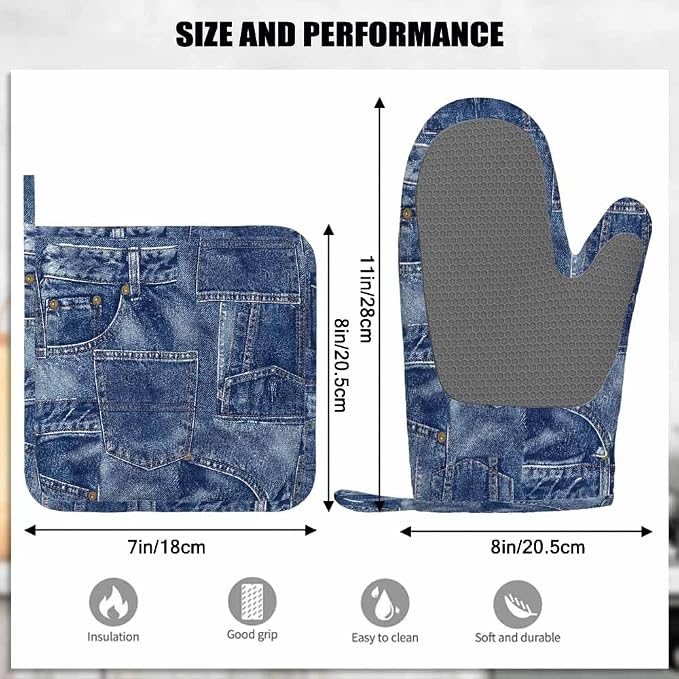 Mxocom Denim Patchwork Texture Silicone Oven Mitts and Pot Holders Sets BBQ Gloves for Kitchen,Cooking,Baking,Grilling