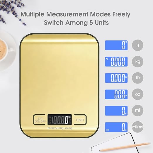 Digital Shipping Scale,Stainless Steel Panel, Accurate Portable Postal Scale for Packages, Small Business,Kitchen, Food, Handmade, Liquids, and Boutique (Mirror Gold Battery(5kg/1g))
