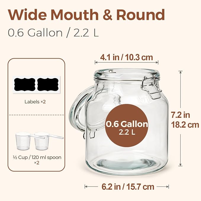ComSaf Large Glass Pantry Jars with Airtight Lids 74 oz 2 Pack Wide Mouth | Flour sugar rice, Measuring cup, Labels included, Sourdough pickling, Large capacity, Cabinet organization, Dry goods