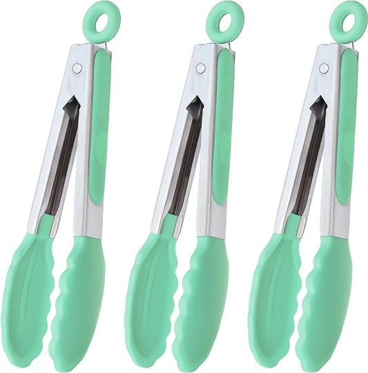 HINMAY Mini Tongs with Silicone Tips 7-Inch Cooking Tongs, Set of 3 (Mint)