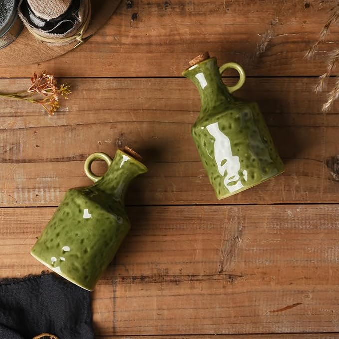 13.5oz Olive Green Ceramic Olive Oil Dispenser with Cork Stopper | , Reactive Glaze Bottle, Leak-Proof Small Spout, Ideal for Kitchen Storage of Vinegar, Wine, Soy Sauce and Lemon Juice
