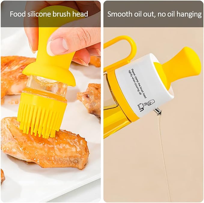 Oil Dispenser Bottle with Silicone Brush, 2 in 1 Dropper Measuring Glass Oil Bottle for Kitchen BBQ Grill Baking Air Fryer Oven (Yellow)
