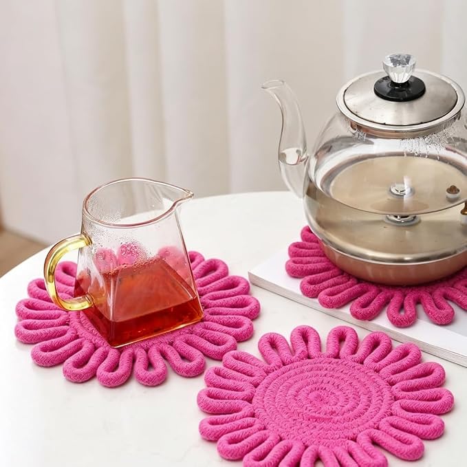 Kitchen Trivets for Hot Dishes Potholders for Countertop Hot Pads Hot Mats or Trivets for Hot Pots and Pans Home Essentials Boho Farmhouse Kitchen Decor Set of 3, 100% Cotton,7.5" (Rose-Red)