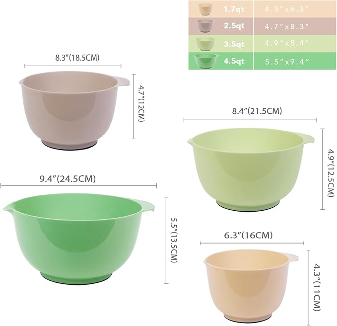 BoxedHome Classic Mixing Bowls Set of 4, BPA Free Plastic, Microwave Safe | 4.5, 3.5, 2.5 and 1.7 QT, Non-slip Base Large Non-toxic Nesting Bowl with Pour Spout, Dishwasher Safe, for Prep, Cooking