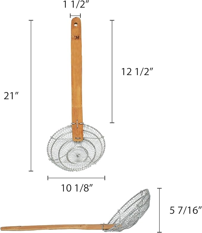 TrueCraftware- 10” Fine Mesh Skimmer Galvanized Steel with Natural Bamboo Handle- Spider Strainer Ladle Kitchen Frying Food Pasta Spaghetti for Cooking and Frying Pasta Strainer Spoon
