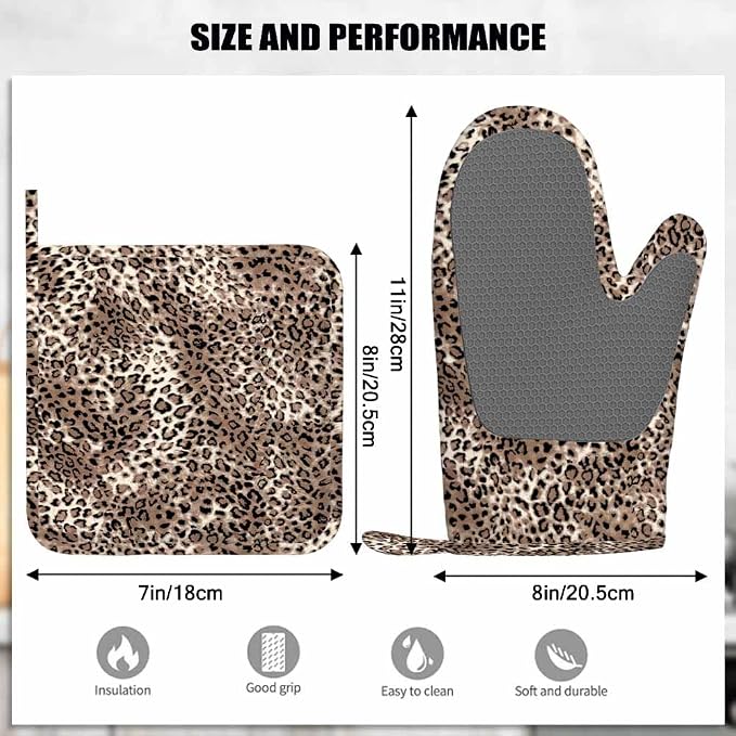 Mxocom Striped Leopard Oven Mitts and Pot Holders Sets Animal Skin Silicone Heat Resistant Kitchen Oven Gloves Pot Holder for Cooking