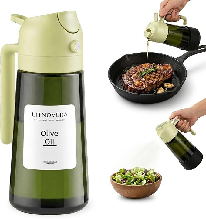 2-in-1 Oil Sprayer Dispenser, 16oz UV-Blocking Glass, Non-Slip | Extra Stability, Easy Refill, Refined Aesthetic