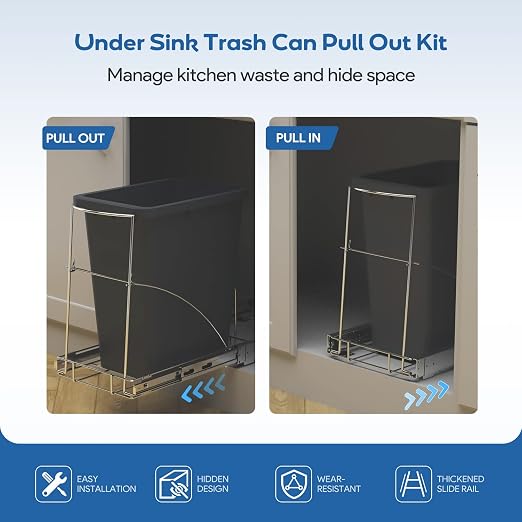 Pull Out Trash Can Under Cabinet & Under Sink, Heavy Duty Slider Organizer | Adjustable Cabinet Garbage Can Rack, Fits 30-40Qt Bins, Requires 13"W x 18"D Cabinet Opening, Chrome Finish, Can Not Included