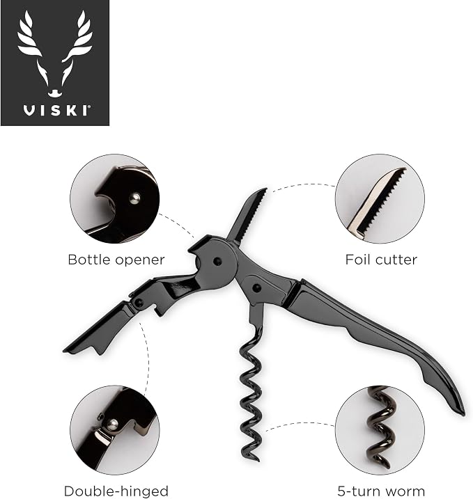 Viski Gunmetal Signature Double Hinged Waiters Corkscrew Wine Opener, Stainless Steel with Built-in Bottle Opener & Foil Cutter for Home Bar, Kitchen, Travel, Gifts for Wine Lovers, Set of 1, Black