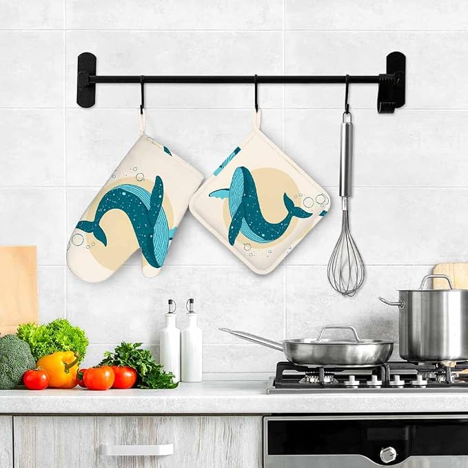 Mxocom Watercolor Whale Heat-Resistant Oven Mitts and Pot Holder Sea Theme Marine Life Coastal Modern Design Cool Ring Circle Kitchen Non-Slip Cooking Microwave Gloves for Cooking Baking Grilling