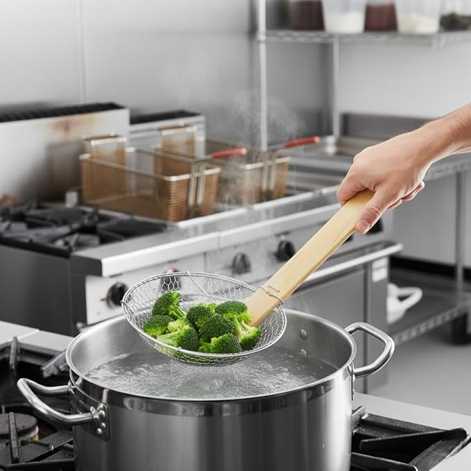 TrueCraftware- 8” Coarse Mesh Skimmer Galvanized Steel with Natural Bamboo Handle- Spider Strainer Ladle Kitchen Frying Food Pasta Spaghetti for Cooking and Frying Pasta Strainer Spoon